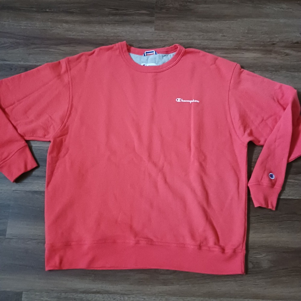 Champion Mens XL Coral Orange Crewneck Sweatshirt Script Logo Fleece GF88H
